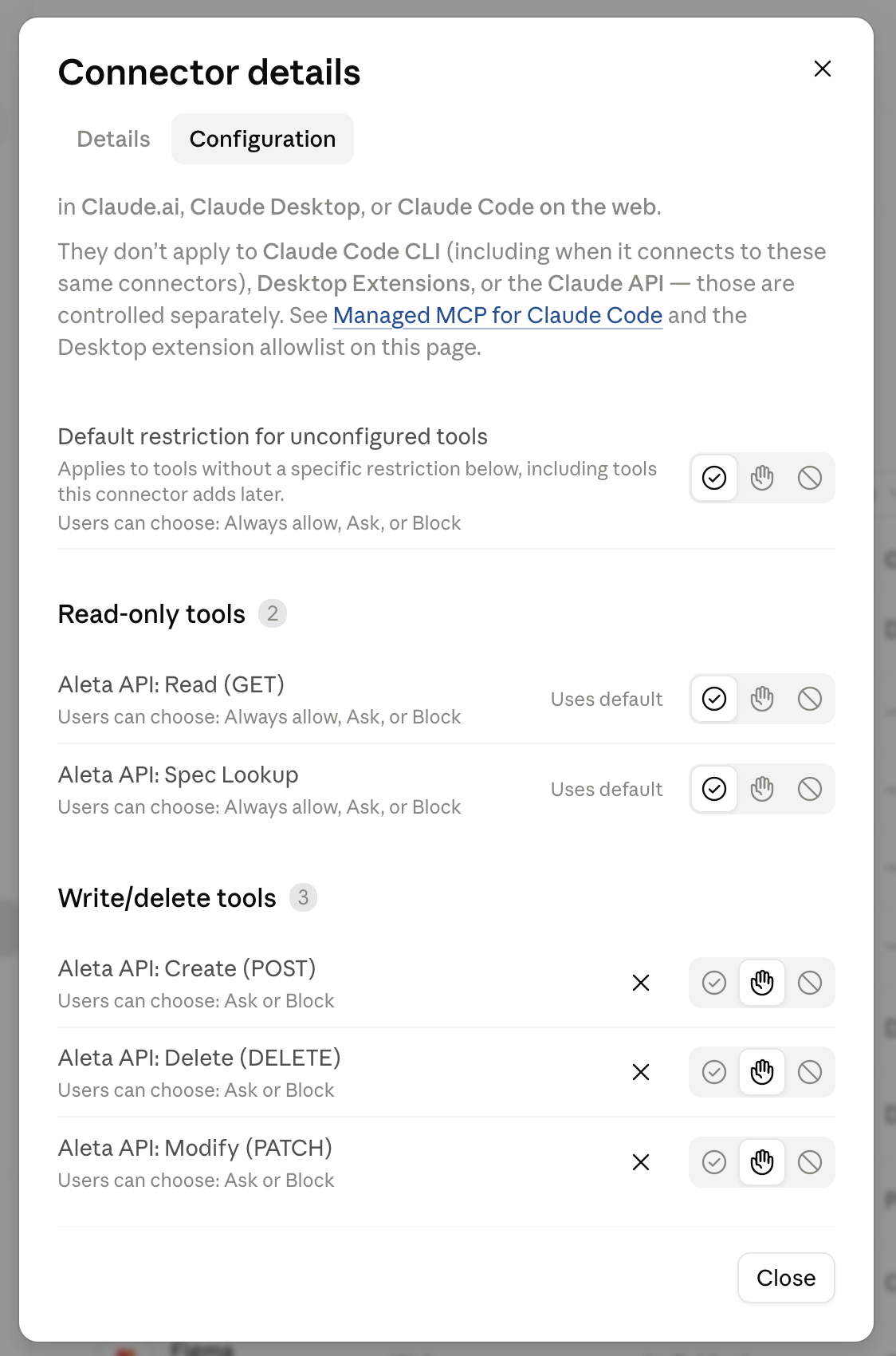 The Configuration tab of Connector details, with the three write/delete tools set to Ask and each noting that users can choose Ask or Block
