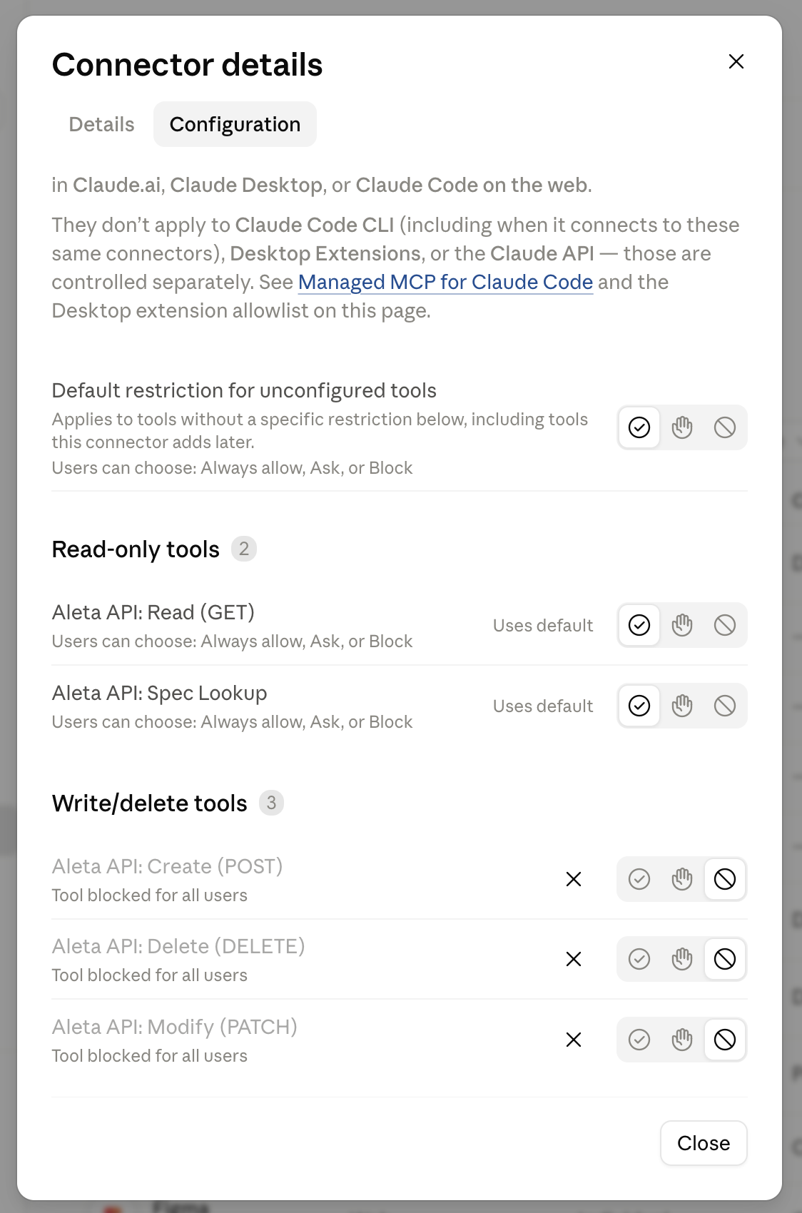 The same tab with the three write/delete tools set to Blocked, each greyed out and marked Tool blocked for all users